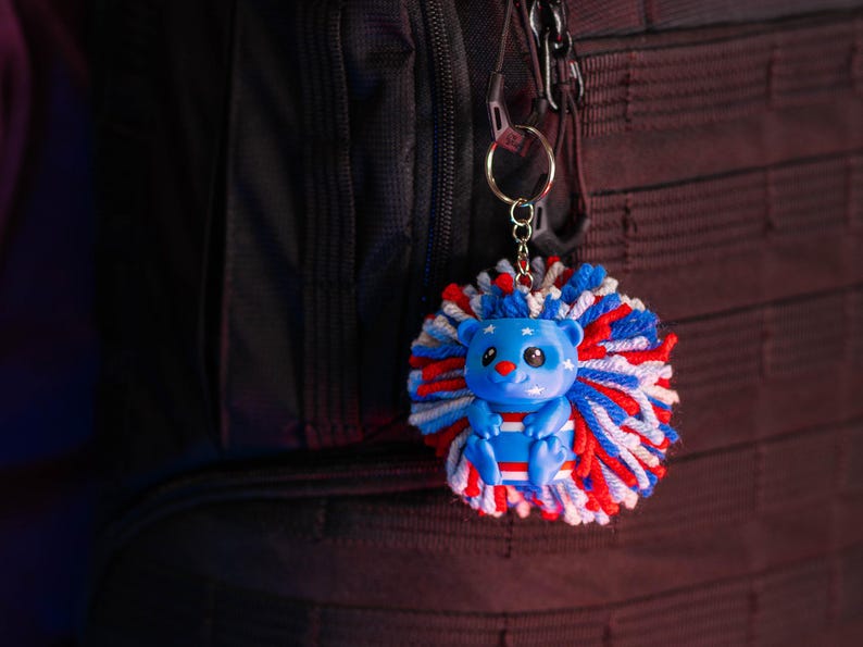 Hedgehog Keychain | 4th of July | Adorable Hedgehog Decor | Backpack | Gift Ideas | Pom-Pom | Independence Day | 3D Printed | Yarn Pompom