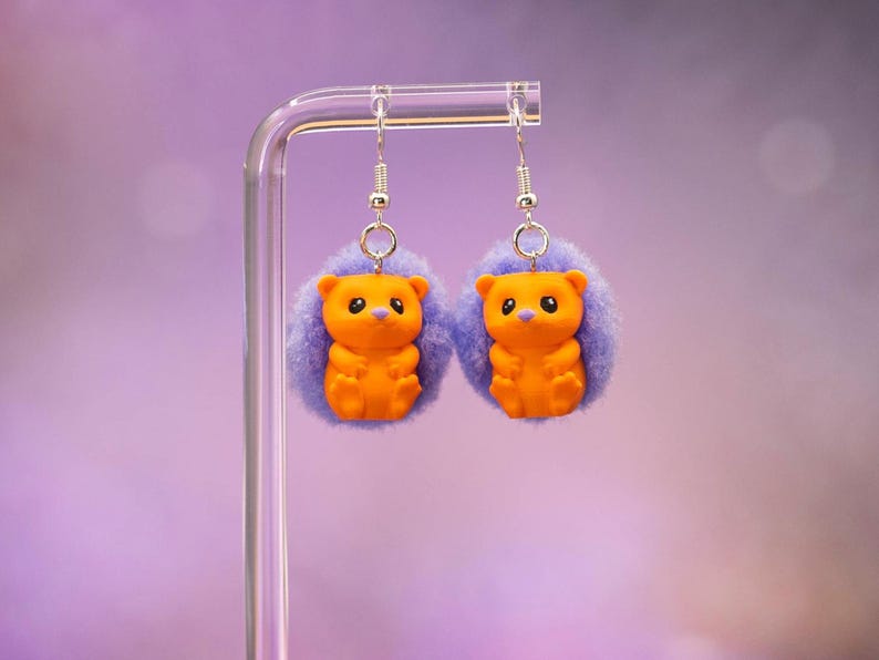 3D Printed Hedgehog Earrings: Pom-Pom Accent, Hypoallergenic Stainless Steel - Mother's Day Gift