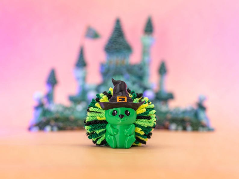 Hedgehog Witch Desk Buddy: 3D Printed Yarn Pompom Decor - Wicked Inspired