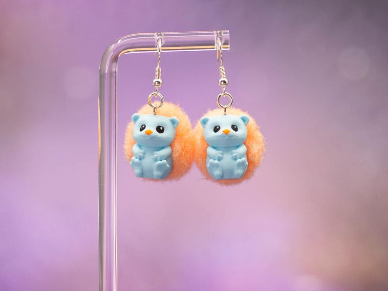 3D Printed Hedgehog Earrings: Pom-Pom Accent, Hypoallergenic Stainless Steel - Mother's Day Gift