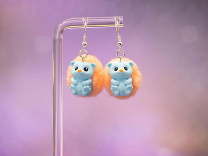 3D Printed Hedgehog Earrings: Pom-Pom Accent, Hypoallergenic Stainless Steel - Mother's Day Gift