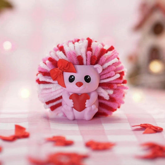 Handmade Hedgehog Desk Decor – Pink Yarn, Heart Accent - Mother's Day Gift