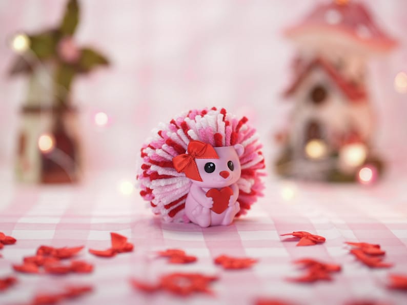 Handmade Hedgehog Desk Decor – Pink Yarn, Heart Accent - Mother's Day Gift