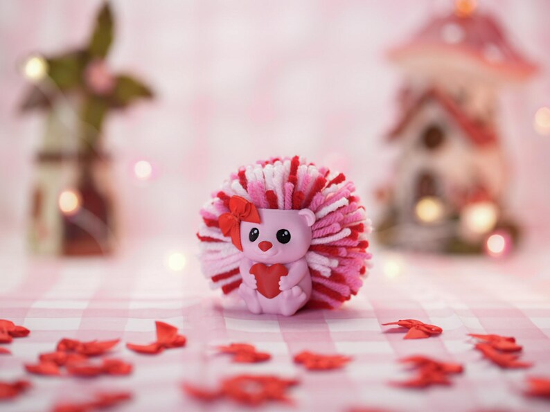 Handmade Hedgehog Desk Decor – Pink Yarn, Heart Accent - Mother's Day Gift
