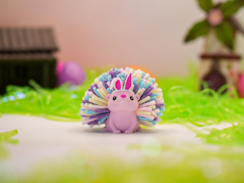 Easter Hedgehog Desk Buddy – Bunny Ears Spring Decor, Pastel Yarn Quills, Easter Basket Stuffer