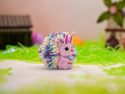 Easter Hedgehog Desk Buddy – Bunny Ears Spring Decor, Pastel Yarn Quills, Easter Basket Stuffer