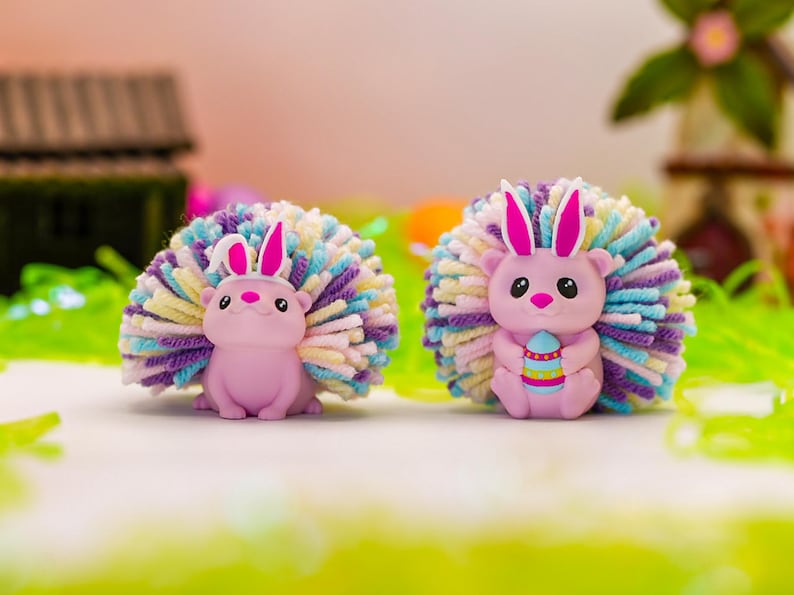 Easter Hedgehog Desk Buddy – Bunny Ears Spring Decor, Pastel Yarn Quills, Easter Basket Stuffer