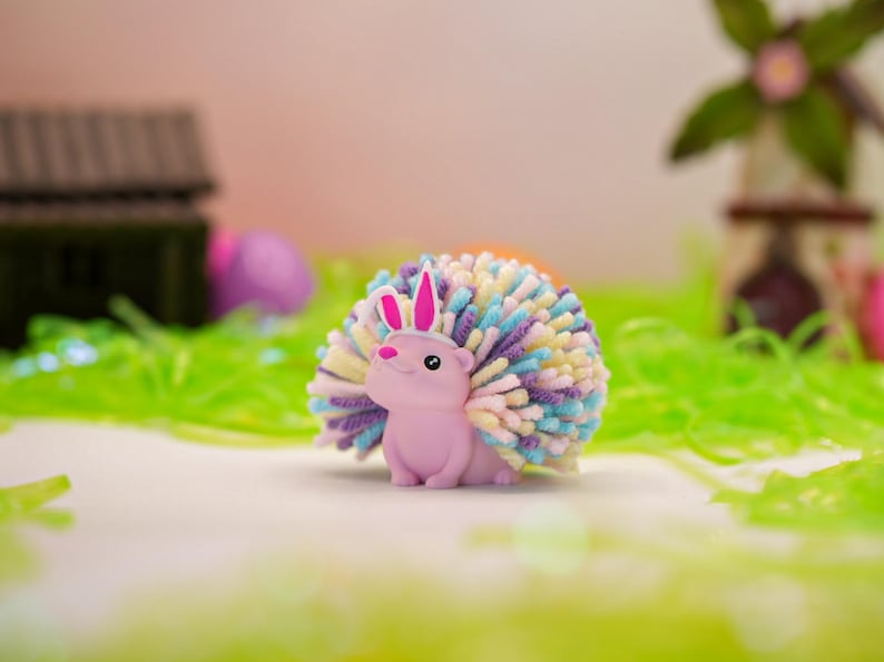 Easter Hedgehog Desk Buddy – Bunny Ears Spring Decor, Pastel Yarn Quills, Easter Basket Stuffer