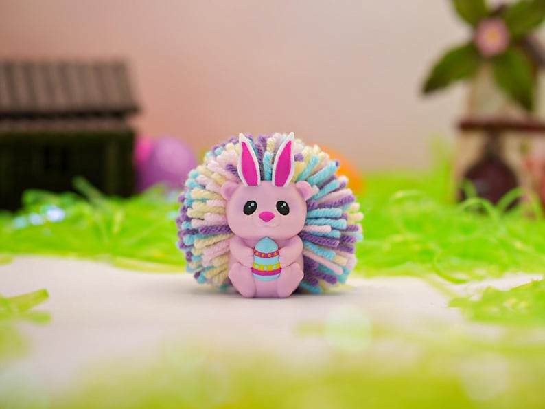 Easter Hedgehog Desk Buddy – Bunny Ears Spring Decor, Pastel Yarn Quills, Easter Basket Stuffer