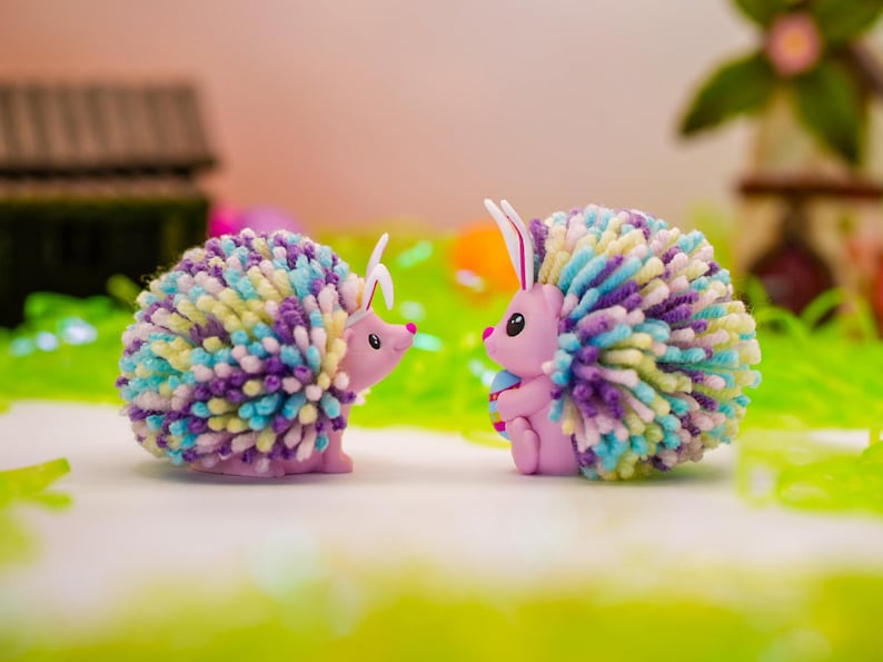 Easter Hedgehog Desk Buddy – Bunny Ears Spring Decor, Pastel Yarn Quills, Easter Basket Stuffer