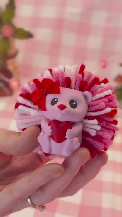 Handmade Hedgehog Desk Decor – Pink Yarn, Heart Accent - Mother's Day Gift